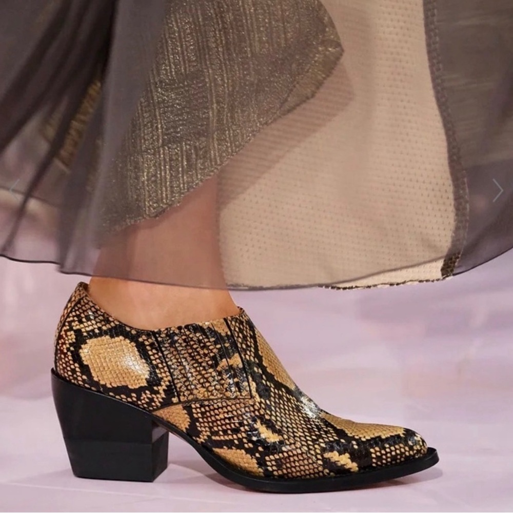 Chloe Snake-Print Heeled Ankle Boot in Beige and Black